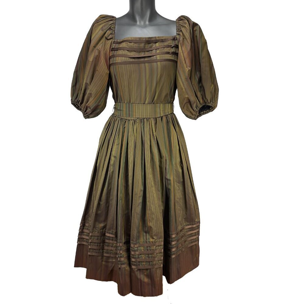 ALBERT‎ NIPON VTG 70's Balloon Sleeves Chocolat Brown Green Taffeta Tent Dress S